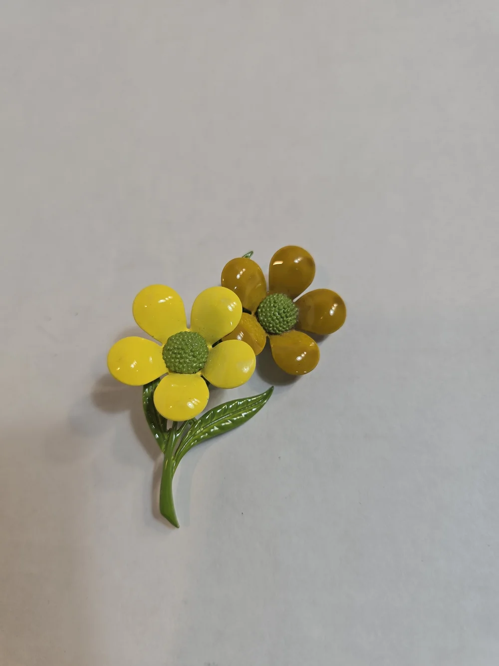 Yellow Two-Tone Floral Enamel Brooch Pin - Green Stem